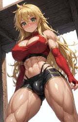 1futa abs ai_generated armwear bare_midriff big_breasts black_bottomwear black_panties black_shorts blonde_futa blonde_hair breasts breasts_together bulge bulge_through_clothing bulge_under_clothes cleavage cleavage_cutout cleavage_window crop_top dolphin_shorts dust_particles erect_nipples_under_clothes female fingerless_elbow_gloves futanari gold_trim green_eyes hair_between_eyes highleg_panties intersex messy_hair muscular muscular_arms muscular_futa muscular_thighs navel nose_blush original original_character panty_straps penis penis_bulge penis_under_clothes perky_breasts red_armwear red_topwear self_upload shiny_skin short_shorts shorts smile solo_futa stable_diffusion thick_thighs tiny_waist tomboy very_long_hair viewed_from_below wide_hips wooden_ceiling