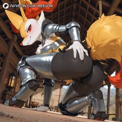 1girls ai_generated animal_ear_fluff animal_ears animal_nose armor artist_name ass ass_crack ass_focus blush body_fur braixen butt_crack butt_focus caked_up cameltoe closed_mouth digitigrade english_text female fox_ears fox_girl fox_tail from_behind furry furry_female hand_on_own_ass indoors looking_at_viewer looking_back meevow pauldrons pokémon_(species) pokemon pokemon_(species) pokemon_\\\\(creature\\\\) pokephilia red_eyes shoulder_armor smile snout solo tail thick thick_ass thick_thighs thighs white_fur yellow_fur yiff