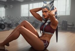abs ahsoka_tano alien alternate_costume armpits arms_up artist_request bare_legs barefoot black_sports_bra blue_eyes breasts brown_lips buruma clothing colored_skin covered_nipples dolphin_shorts dumbbell exercise facial_tattoo female female_only gym gym_shorts indoors knees_up lips long_hair looking_at_viewer medium_breasts muscular muscular_female navel nose orange_skin red_sports_bra shorts sitting small_breasts smile solo sports_bra star_wars tentacle_hair thighs togruta toned track_uniform weightlifting weights window wooden_floor
