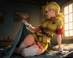 ai_generated arm_support bed bed_sheet bedroom belt belt_buckle black_belt blanket blonde_hair blue_eyes breast_pocket breasts closed_mouth erection flaccid futanari gloves hair_between_eyes hellsing hellsing_ultimate indoors jacket large_breasts leaning_to_the_side microskirt military military_uniform miniskirt on_bed on_side pencil_skirt penis picture_frame pillow pocket seras_victoria shirt short_hair short_sleeves sitting skirt solo testicles thighhighs twoderrick uncensored under_covers uniform white_gloves white_thighhighs window yellow_skirt