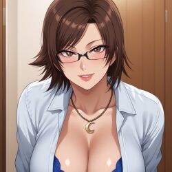 abs ai_generated asian asian_female bandai_namco big_breasts breasts brown_hair cleavage curvy curvy_female curvy_figure earrings female gloves japanese japanese_female kazama_asuka light-skinned_female light_skin looking_at_viewer medium_hair namco office_clothing pose seductive solo standing style sweat tekken tekken_8 video_game_character voluptuous voluptuous_female wide_hips