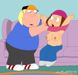 1boy 1girls accurate_art_style big_breasts breasts brother_and_sister chris_griffin couch family_guy glasses gp375 hat incest meg_griffin shirt_lift