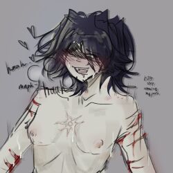 blood_drip blush blushing_at_viewer drooling forsaken_(roblox) messy_hair moaning nonbinary pale_skin panting robloxian scars sweat two_time two_time_(forsaken)