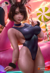 1girls breasts bunny_ayumi choker cleavage female female_only impossible_clothes logan_cure looking_at_viewer one-piece_swimsuit pool_toy skin_tight solo solo_female succubus swimsuit swimsuit_succubus wet