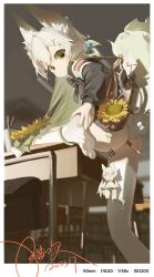 absurdres anal anal_object_insertion animal_ear_fluff animal_ears bag bar_censor black_shirt censored chinese_commentary cleft_of_venus closed_mouth commentary_request desk dot_mouth envelope female flower foot_up from_behind gradient_hair green_eyes green_hair hair_ornament hairclip highres long_hair looking_at_viewer multicolored_hair negiwolf neko_blow object_insertion original pantyhose pencil pussy school_desk shirt shoulder_bag soles solo streaked_hair sunflower tail toes white_pantyhose wolf_ears wolf_girl wolf_tail