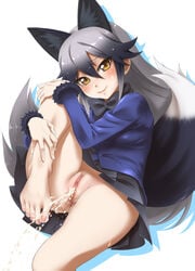 animal_ears barefoot black_bow black_gloves black_hair blazer blush bow brown_eyes closed_mouth eyebrows_visible_through_hair female female_only fox_ears fox_tail gloves gradient_hair grey_hair grey_skirt hair_between_eyes head_tilt hounyouin jacket kemono_friends long_hair long_sleeves looking_at_viewer md5_mismatch multicolored_hair peeing pleated_skirt pussy silhouette silver_fox_(kemono_friends) sitting skirt smile solo tail very_long_hair white_background