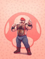 1boy 2017 bara blue_eyes body_hair boots brown_hair bulge cigar clothing facial_hair full_body gay hairy hairy_chest hairy_male human jeans leoleus male male_nipples male_only mario mario_(series) muscle mustache nintendo no_visible_genitalia partially_clothed penis_bulge red_background shirtless simple_background solo standing stocky super_smash_bros. suspenders tattoos