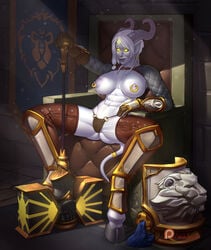 abs areolae big_breasts breasts draenei female female_only large_breasts muscles muscular muscular_female nipple_piercing nipples panties piercing solo spread_legs wahafagart world_of_warcraft