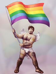 1boy 2018 angel angel_wings armpit_hair bara beard blue_eyes blurry_background briefs brown_hair bulge cosplay dark_hair erect_nipples facial_hair flag gay gay_pride hairy hairy_armpits hairy_arms hairy_chest hairy_legs hairy_male human kid_icarus leoleus light_skin male male_only multicolored_background muscle nintendo partially_clothed pit_(kid_icarus) pride_flag rainbow_flag sandals solo super_smash_bros. tattoo tattoo_on_legs tattoos underwear white_briefs white_underwear