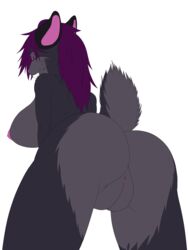 2018 anna_sabre anthro ass big_breasts breasts digital_media_(artwork) fangs feline female fur hair hi_res huge_breasts looking_at_viewer mammal nipples nude plump_labia presenting purple_eyes purple_fur purple_hair pussy saber-toothed_cat smile solo teeth voluptuous xanyog