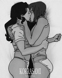 2girls artist_name asami_sato avatar_legends canon_couple clothing dark-skinned_female dark_skin female in_bed kink_toon kissing korra monochrome panties reference_work smooth_skin the_avatar the_legend_of_korra water_tribe yuri