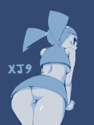 1girls ass blue_skirt blush clothing female jenny_wakeman looking_back monochrome my_life_as_a_teenage_robot nickelodeon panties robot robot_girl sideboob skirt solo solo_female upskirt xj-9 yev-san