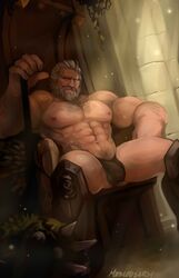 1boy 2016 bara beard blizzard_entertainment bulge facial_hair human male male_only momo-deary momodeary muscle muscles muscular overwatch partially_clothed reinhardt sitting six_pack solo thong underwear