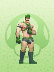 1boy 2017 armpit_hair bara body_hair boots boxer_briefs bulge facial_hair full_body green_background green_eyes hairy hairy_chest harness human leoleus luigi male male_nipples male_only manly mario_(series) masculine mature_male muscles mustache nintendo no_visible_genitalia partially_clothed penis_bulge simple_background solo standing super_smash_bros. tattoos underwear