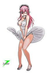 1girls cleavage cosplay female female_only high_heels joizer marilyn_monroe marilyn_monroe_(cosplay) open_toe_shoes parody pink_hair skirt_lift solo sonico super_sonico the_seven_year_itch white_background white_dress wink