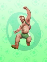 1boy 2017 5_fingers action_pose anthrofied arm_above_head arm_hair arm_up armpit_hair armpits backpack bara beard belly belly_hair blue_eyes body_hair boots bottomwear bulge chest_hair chubby clenched_hand clothing color cute cute_face digital_media_(artwork) facial_hair footwear front_view full_body green_background green_shorts grin gym_shorts hairy hairy_hands hairy_legs happy happy_trail highlights_(coloring) human human_only humanized jumping leoleus light-skinned_male light_skin looking_at_viewer male male_only mario_(series) muscle musclegut muscular muscular_male navel nintendo nipple_piercing nipples no_visible_genitalia open_smile outstretched_arm partially_clothed pattern_background pecs piercing pink_hair playful red_boots shaved_side shirtless shorts simple_background slightly_chubby solo super_smash_bros. tattoo teeth thick_eyebrows thick_thighs tongue tongue_out topless treasure_trail two_tone_hair watermark yoshi yoshi's_island