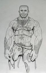 1boy bara black_and_white bulge coach cum_drip cum_string erect_nipples exposed_nipples facial_hair gay hairy half-erect human looking_at_viewer male male_focus male_only monochrome muscle partially_clothed penis_under_clothes pubic_hair ripped_clothing shirt_up solo sport sweat the_hun veiny_muscles vpl