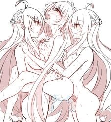 3girls ahoge ara_haan black_hair blush breasts clone cum cum_on_body cum_on_lower_body double_penetration elsword eyebrows_visible_through_hair full-package_futanari futa_on_female futanari grabbing hair_ornament hairpin hua_ge_pi intersex long_hair multiple_girls nude sakra_devanam_(elsword) smile yama_raja_(elsword) yellow_eyes