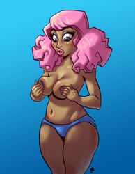 blush blushing celebrity covering_breasts dark-skinned_female dark_skin female hands_over_breasts johnnyspade musician nicki_minaj panties pink_hair redbone