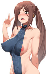 areola_slip areolae bad_id bad_pixiv_id bare_shoulders black_eyes blush breasts covered_navel covered_nipples dantes_ward earrings embarrassed fangs fate/grand_order fate_(series) female groin highres impossible_clothes jewelry large_breasts long_hair nipple_slip nipples open_mouth revealing_clothes solo teeth twintails v very_long_hair white_background yu_mei-ren_(fate)