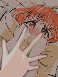 10s 2girls after_fingering ahoge bed blurry blurry_foreground blush female_only hair_ornament indoors love_live! love_live!_sunshine!! multiple_girls on_bed orange_hair pillow pussy_juice pussy_juice_string red_eyes shiga_hanabebu short_hair signature sweat takami_chika tears watanabe_you wet yuri