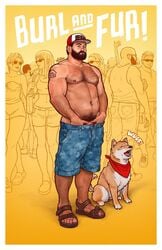 1boy 2017 background_characters bara baseball_cap beard beefy black_hair body_hair brown_fur burly canine detailed_background dick_root domestic_dog english_text erect_nipples facial_hair hairy_male hands_down_pants human male male_nipples male_only male_pubic_hair masculine mature_male musclegut muscles muscular_male mustache neckerchief nickie_charles pants_unbuttoned pants_undone partially_clothed partially_exposed_penis penis pet pubes pup sandals shirtless solo sound_effect tattoo text topless veiny_penis white_fur