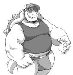 analon_(artist) bowser bulge clothing hat koopa male male_only mario_(series) monochrome nintendo penis_outline phone scalie shell shirt solo spikes tank_top toomanyboners video_games