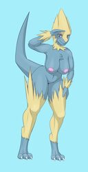 1girls 3_toes anthro areolae ass belly bent_forward bent_over big_ass blue_background blue_fur breasts canine claws evolution female female_only fluffboye furry hand_on_leg huge_breasts large_ass looking_at_viewer manectric navel nintendo nipples paws pokémon_(species) pokemon pokemon_rse pussy red_eyes slightly_chubby smile solo standing tail thick_thighs video_games wide_hips yellow_fur