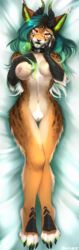 angiewolf anthro breasts collar dakimakura_design feline female horn looking_at_viewer lynx mammal nipple_piercing nipples open_mouth piercing pussy smile solo thigh_gap wide_hips