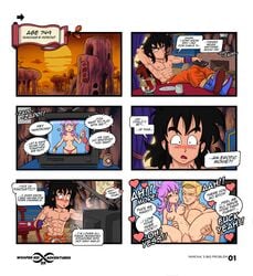 2boys black_eyes black_hair blonde_hair breasts comic dragon_ball dragon_ball_z earrings english_text female manga multiple_boys muscle muscles muscular pecs penis pink_eyes pornography pussy ripped text vaginal_penetration virgin woofer_kid wooferlicke wooferlicke_(artist) yamcha yamcha's_big_problem