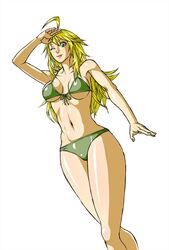 1girls bare_shoulders big_breasts bikini bikini_bottom bikini_top blonde_hair busty closed_eyes curvy eyelashes female female_only front_view green_eyes hoshii_miki hourglass_figure human idolmaster long_hair looking_at_viewer makeup midriff nail_polish negoto_(nego6) one-eye_closed pose posing shiny shiny_skin simple_background skimpy solo standing swimsuit underboob voluptuous white_background wide_hips wink yellow_hair