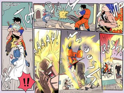 !! 1girls 2boys big_kicks black_eyes black_hair blank_eyes blue_hair bulma_briefs comic comic_page destroyed_building dragon_ball dragon_ball_super elbow fight fighting future_bulma future_trunks gi hybrid judo_throw kick lab_coat labcoat milf mother_and_son saiyan self_upload sexyballz son_gohan spiky_hair super_saiyan transforming trunks_briefs