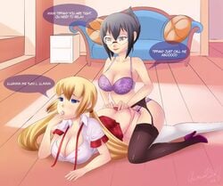 2girls aiko_yumi ass big_breasts bra dialogue female female_only garter_belt glamourpink glasses high_heels huniepop large_breasts lesbian lingerie multiple_girls panties panty_pull pink_panties school_uniform slave_handles speech_bubble stockings straddling tiffany_maye yuri