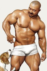 1boy bald bara canine dog human hunk japanese jiraiya_(artist) male male_only muscles muscular pulling_down puppy realistic smile underwear white_underwear