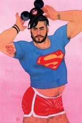 1boy alternate_hair_length alternate_hairstyle bara beard clothed dc disney hat human hunk male male_focus male_only mickey_mouse_ears mouseketeer_ear_hat solo solo_male superman_logo tattoo underwear