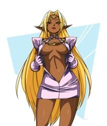 1girls 2017 blonde_hair breasts cowboy_shot curvaceous dark-skinned_female dark_elf dark_skin elf female humanoid large_breasts long_hair looking_at_viewer optionaltypo pirotess pointy_ears presenting record_of_lodoss_war solo wide_hips