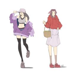 2girls aerith_gainsborough automatic_giraffe baseball_cap basket black_hair breasts brown_hair casual casual_clothes choker crop_top female female_only final_fantasy final_fantasy_vii green_eyes hairbow hoodie jacket jean_shorts large_breasts long_hair looking_at_viewer midriff navel partially_unzipped ponytail purple_jacket purple_skirt red_eyes red_hoodie shoes skirt socks thighhighs tifa_lockhart white_crop_top