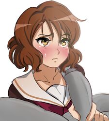 1boy 1girls annoyed anon artist_request blush brown_eyes brown_hair clothed_female_nude_male clothing embarrassed female foreskin handjob hibike!_euphonium holding human imminent_fellatio imminent_oral oumae_kumiko partially_colored penis school_uniform sketch straight sweat