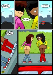 2girls ass bare_ass bare_butt black_hair blue_eyes brown_hair canon_couple car chloe_(xierra099) chocolate_and_vanilla clothed clothed_female coat comic comic_page dark-skinned_female dark_skin dialogue flashing flashing_ass flashing_butt light-skinned_female light_skin long_hair lovin'sis lovin_sis public_exposure straight_hair valerie_(xierra099) xierra099