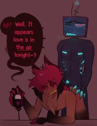 2boys alastor_(hazbin_hotel) alexgezben animal_ears animal_tail antennae_(anatomy) bent_over blush blushing chest_tuft claws dark-skinned_male dark_skin english english_text from_behind gay gills hazbin_hotel naked nude penis precum red_eyes red_hair sharp_teeth simple_background sweat sweatdrop tongue tv_head vox_(hazbin_hotel) yaoi