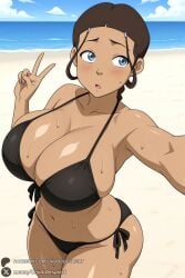 1female 1girls 2026 ai_generated artist_name avatar_the_last_airbender beach big_ass big_breasts bikini black_bikini blue_eyes blue_sky blush braid breasts brown_hair cleavage cloud curvy dark-skinned_female dark_skin day female female_only hair_ornament hairclip hi_res high_quality high_resolution highres huge_ass huge_breasts katara looking_at_viewer navel ocean open_mouth outdoors patreon patreon_username selfie side-tie_bikini_bottom skindentation sky solo sweat swimsuit unjobdespiert v watermark