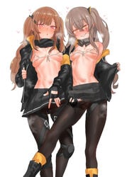 2girls absurdres bangs bikini bikini_top black_jacket black_legwear black_skirt blush breasts brown_hair crossed_bangs eyebrows_visible_through_hair female fingering fingerless_gloves girls'_frontline gloves hair_between_eyes hair_ornament hairclip heart highres horny jacket leaning long_hair long_sleeves medium_breasts micro_bikini multiple_girls navel no_panties one_side_up open_clothes open_jacket pantyhose pleated_skirt red_eyes ripped_pantyhose scar scar_across_eye siblings simple_background sisters skirt small_breasts smile standing suisogenshi swimsuit twins twintails ump45_(girls'_frontline) ump9_(girls'_frontline) white_background white_bikini yellow_eyes