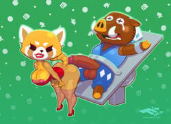 aggressive_retsuko animal_crossing anthro duo female gradient_background green_background joan_(animal_crossing) male mammal nintendo porcine red_panda retsuko rule_63 simple_background smooth_fur straight turk128 video_games warthog