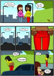 2girls ass bare_ass bare_butt black_hair blue_eyes brown_hair canon_couple car chloe_(xierra099) chocolate_and_vanilla clothed clothed_female coat comic comic_page dark-skinned_female dark_skin dialogue flashing flashing_ass flashing_butt light-skinned_female light_skin long_hair lovin'sis lovin_sis public_exposure straight_hair valerie_(xierra099) xierra099