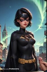 1boy 1boy1girl 1girls ai_generated artist_name batgirl batgirl_(cassandra_cain) batman_(series) belt belt_pouch black_bodysuit black_cape black_gloves black_hair bodysuit breasts building cape car cassandra_cain city closed_eyes covered_navel dc dc_comics domino_mask female gloves hi_res impossible_clothes lips lipstick makeup male_pubic_hair mask medium_breasts motor_vehicle night night_sky outdoors parted_lips penis pouch progenarts red_lips short_hair skin_tight sky solo_focus star_(sky) straight superhero uncensored utility_belt