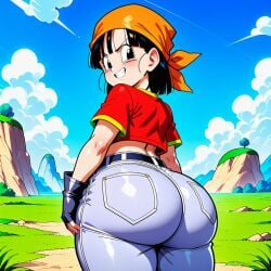 1girls 2d ai_generated ass bandana big_ass big_butt black_hair bubble_ass bubble_butt curvaceous curvy curvy_figure cute_butt dragon_ball dragon_ball_gt female female_only jeans large_ass light-skinned_female light_skin looking_back outside pan_(dragon_ball) pants_on pants_up perfect_ass petite red_shirt shortstack smug_grin thick_thighs thighs tomboy
