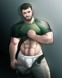 1boy 2016 bara briefs bulge capcom chris_redfield facial_hair hairy human joji jojiart male male_only muscle muscles partially_clothed resident_evil shirt_lift six_pack solo underwear video_games white_underwear