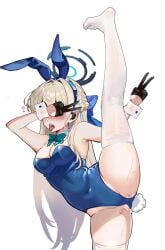 1girls animal_ear_hairband black_gloves blue_archive blue_bow blue_bowtie blue_bunnysuit blue_hairband blue_halo blue_leotard blush bow bowtie braid breasts chinese_commentary cleaning_&_clearing_(blue_archive) cleavage commentary_request covering_face covering_own_eyes detached_collar earpiece fake_animal_ears fake_rabbit_ears female female_only gloves hairband hairbow half_up_braid halo highleg highleg_leotard highres leotard light-skinned_female light_skin medium_breasts millennium_science_school_student no_shoes official_alternate_costume official_alternate_hairstyle open_mouth pdc playboy_bunny pussy_juice rabbit_ear_hairband saliva solo split standing standing_on_one_leg standing_split thighhighs tight_clothing toki_(blue_archive) toki_(bunny)_(blue_archive) tongue tongue_out white_thighhighs wrist_cuffs