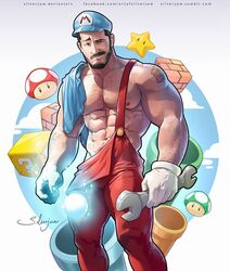 1boy 1up 1up_mushroom 5_fingers ?_block abs alternate_costume arm_hair bara barely_clothed beard beefy biceps big_hands big_muscles big_pecs black_hair blue_hat blue_shirt blue_t-shirt body_hair bottomwear brick_block brown_eyes buttons chest_hair clothed clothing cloud clouds color cowboy_shot cube daddy dark_hair deviantart_username digital_media_(artwork) dilf dungarees emblem facebook_username facial_hair feet_out_of_frame front_view fungi gay gloves glowing_hand hairy handwear happy_trail hat headgear headwear holding_wrench human human_only hunk ice_mario imminent_wardrobe_malfunction legwear light-skinned_male light_skin looking_at_viewer magic male_focus male_only manly mario mario_(series) moustache muscle muscular muscular_male muscular_thighs mushroom naughty_face navel newsboy_cap nintendo nipples outline overalls partially_clothed pecs pipe power_up princess_peach raised_eyebrow red_legwear red_mushroom red_overalls revealing_clothes seductive shirt shirt_on_shoulder shoulder_tattoo sideburns silverjow single_glove sky smirk solo solo_male sparkles standing star starman_(mario) straps suggestive super_mario_bros. super_mushroom super_star t-shirt tattoo thick_thighs tight_clothing tight_pants tools topless treasure_trail tumblr_username url warp_pipe watermark white_gloves wrench yaoi