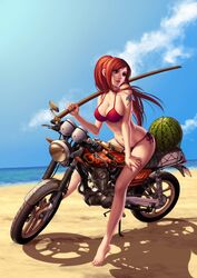 beach cleavage erza_scarlet fairy_tail feet large_breasts melon motorcycle red_hair redhead sweat swimsuit thong_bikini toes very_long_hair weapon